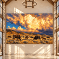 Grazing Cattle Under Golden Storm Clouds Wrapped Canvas Wall Art – Western Ranch Pasture Landscape