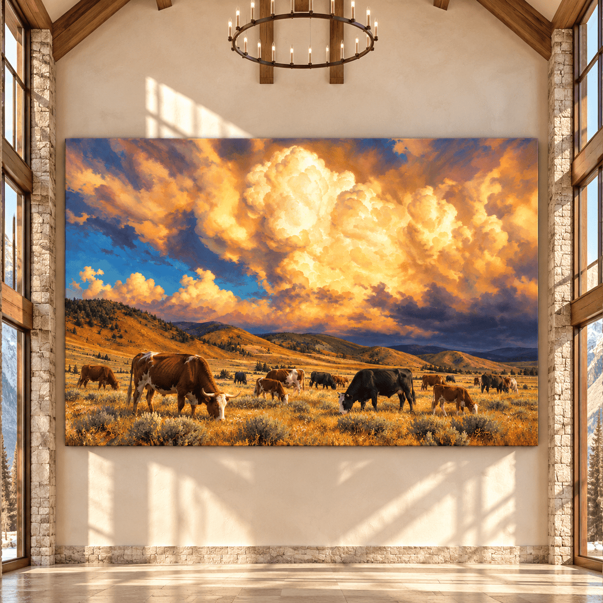 Grazing Cattle Under Golden Storm Clouds Wrapped Canvas Wall Art – Western Ranch Pasture Landscape - ART OF ROYALS