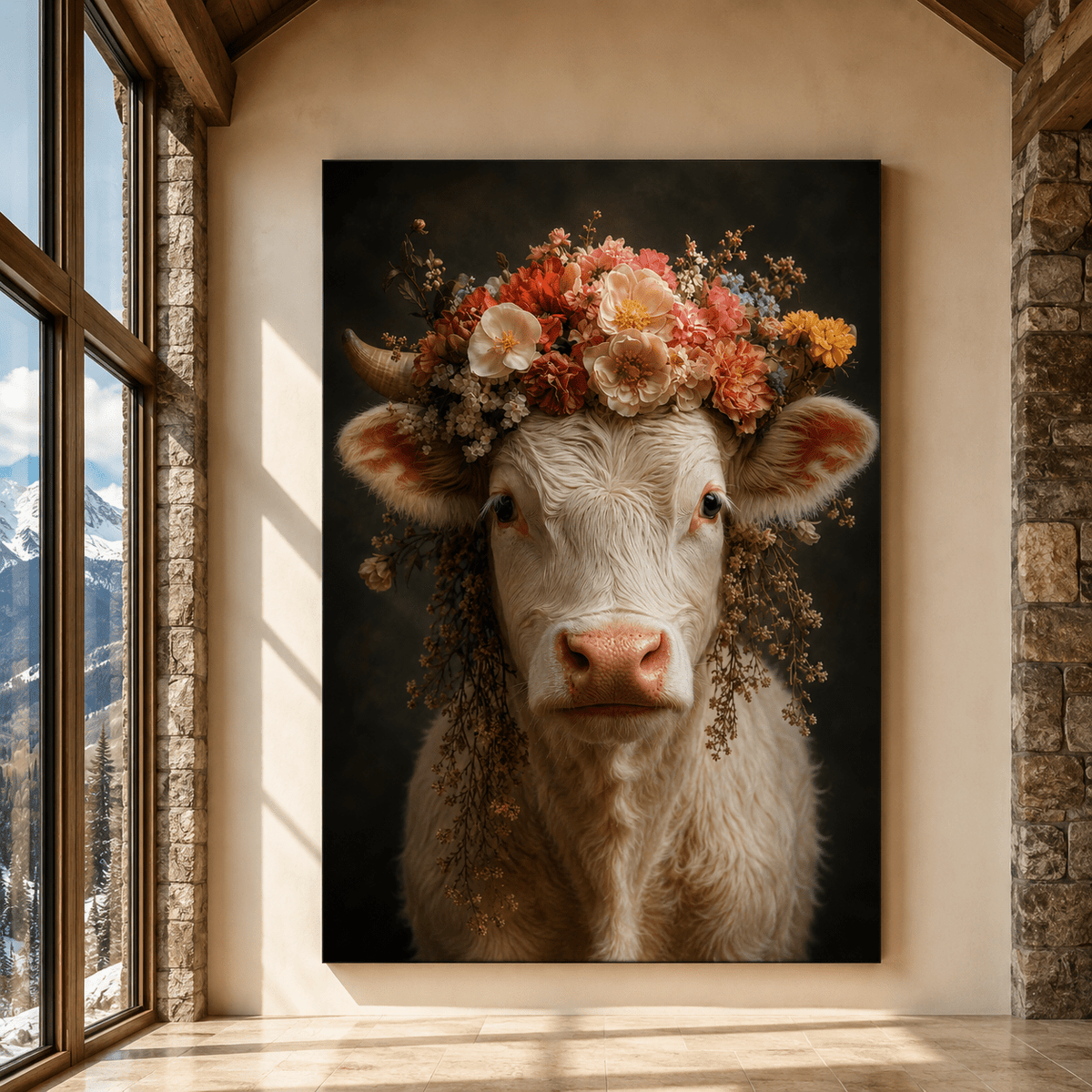 White Cow with Flower Crown Wrapped Canvas Wall Art – Floral Farmhouse Cattle Portrait Print - ART OF ROYALS