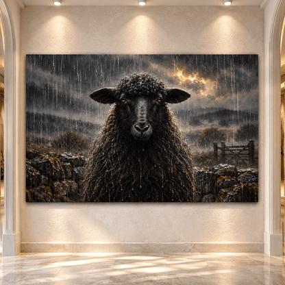 Black Sheep in the Rain Wrapped Canvas Wall Art – Moody Farmhouse Sheep Portrait - ART OF ROYALS