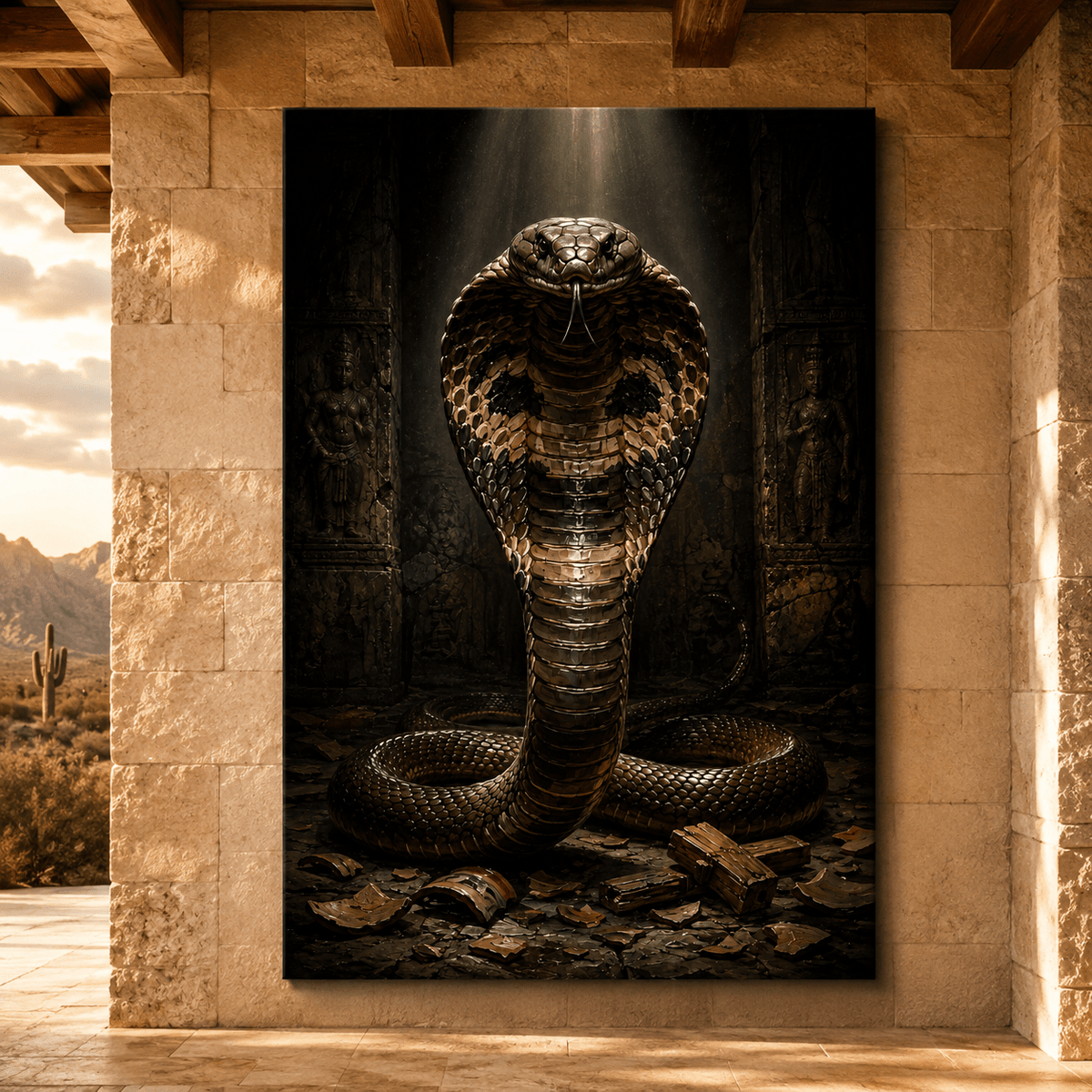 King Cobra in Ancient Temple Wrapped Canvas Wall Art – Dark Serpent Reptile Print - ART OF ROYALS
