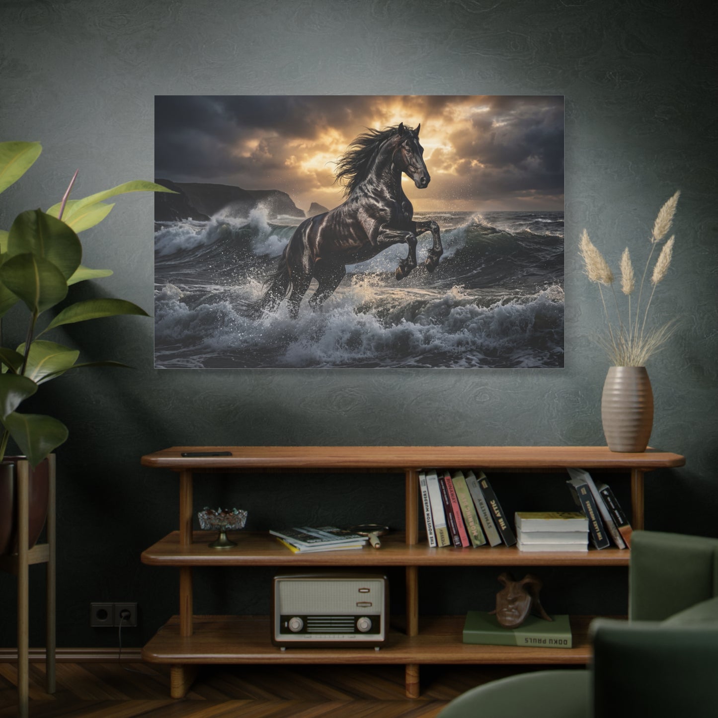 Black Stallion in Ocean Waves – Majestic Power Canvas Wall Art