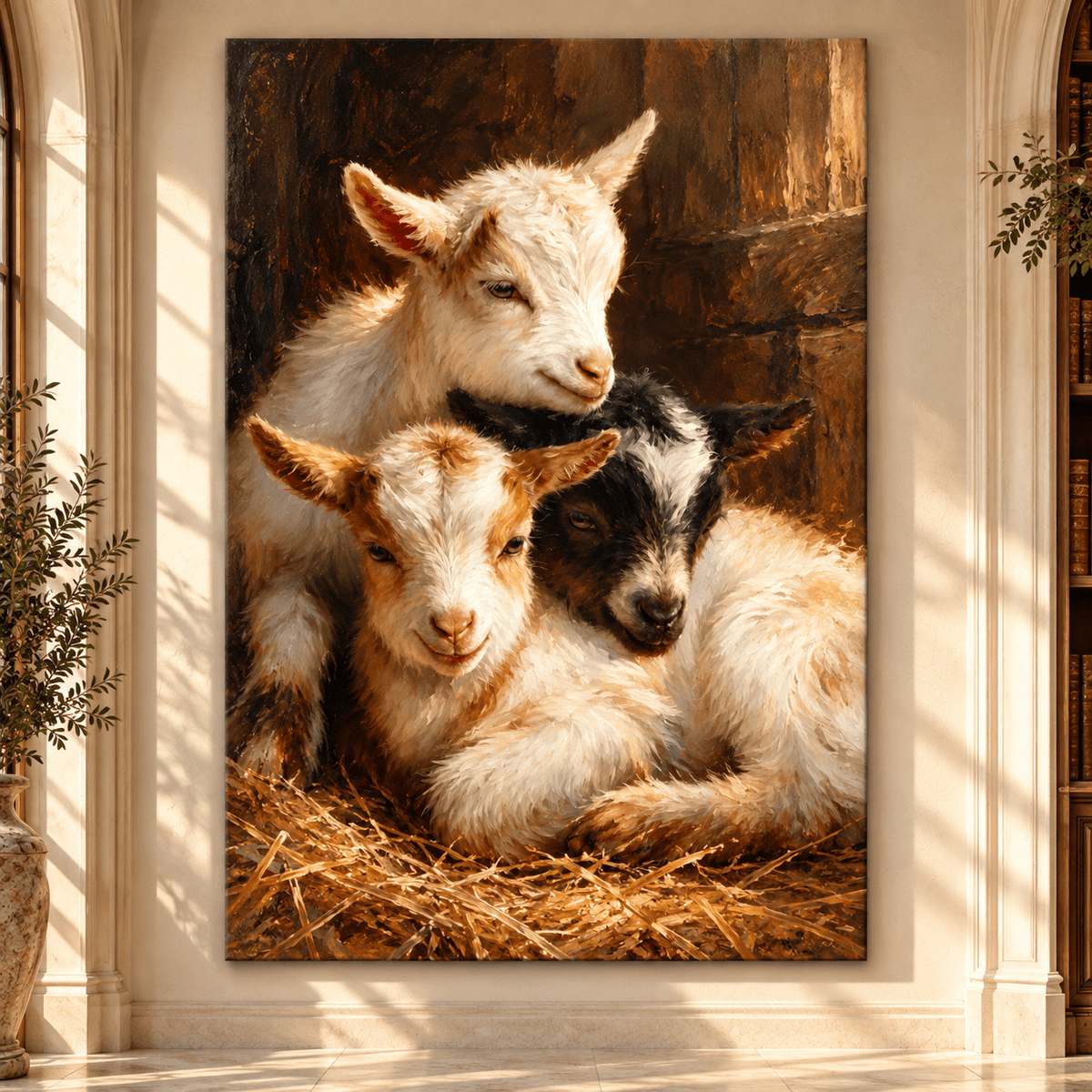 Three Baby Goats Resting in Hay Wrapped Canvas Wall Art – Rustic Farmhouse Kid Goat Painting - ART OF ROYALS