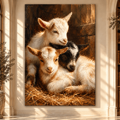 Three Baby Goats Resting in Hay Wrapped Canvas Wall Art – Rustic Farmhouse Kid Goat Painting - ART OF ROYALS