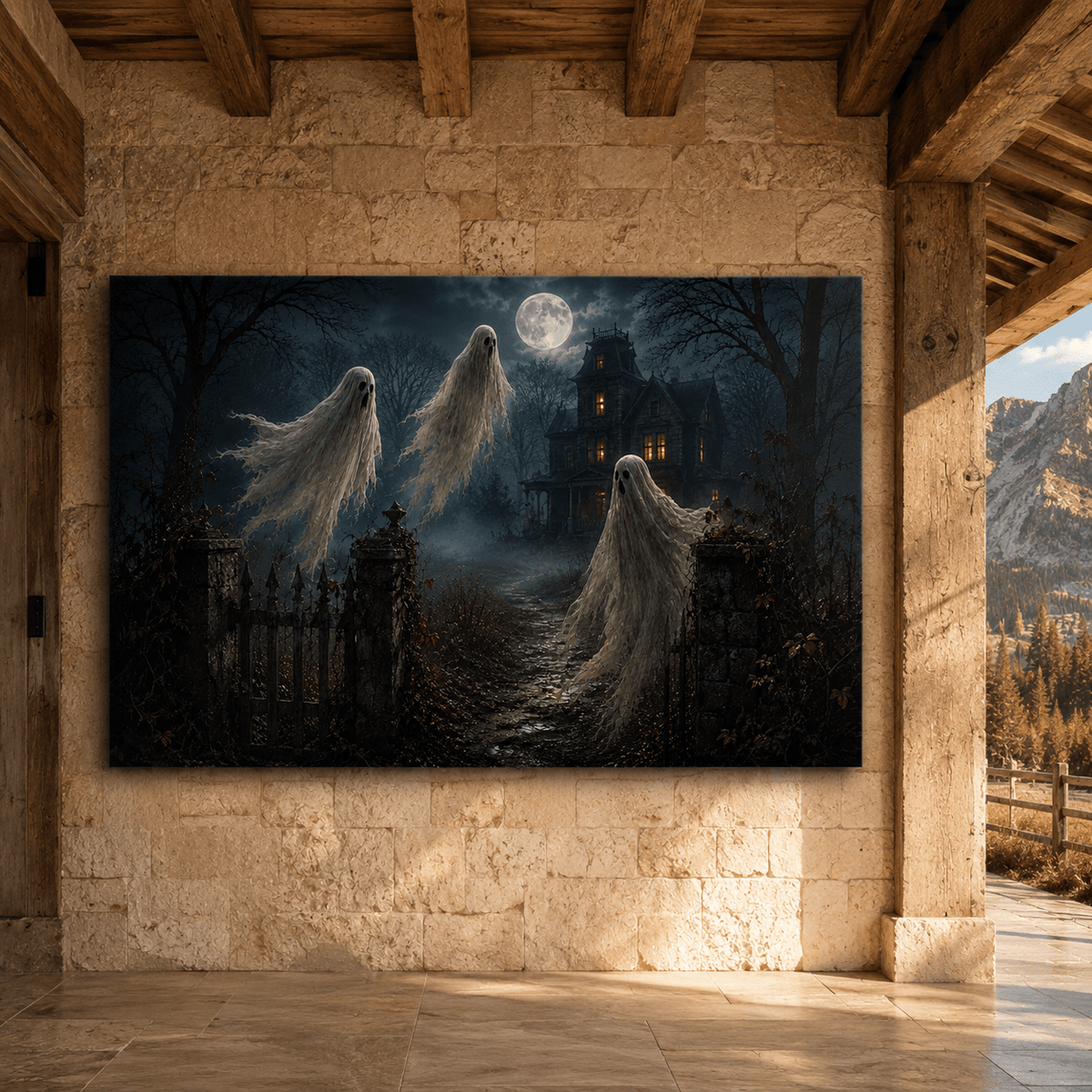 Three Ghosts at Haunted Mansion Wrapped Canvas Wall Art – Moonlit Halloween Gothic House Print - ART OF ROYALS