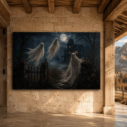 Three Ghosts at Haunted Mansion Wrapped Canvas Wall Art – Moonlit Halloween Gothic House Print - ART OF ROYALS