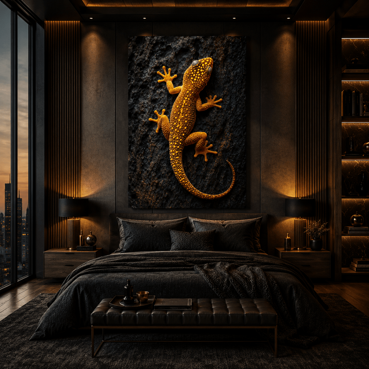 Orange Gecko Wrapped Canvas Wall Art – Golden Spotted Lizard on Dark Rock Print - ART OF ROYALS