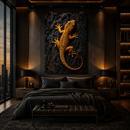 Orange Gecko Wrapped Canvas Wall Art – Golden Spotted Lizard on Dark Rock Print - ART OF ROYALS