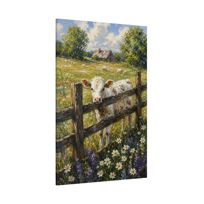 Curious Calf in Wildflower Meadow Wrapped Canvas Wall Art – Farmhouse Pastoral Oil Painting Print - ART OF ROYALS