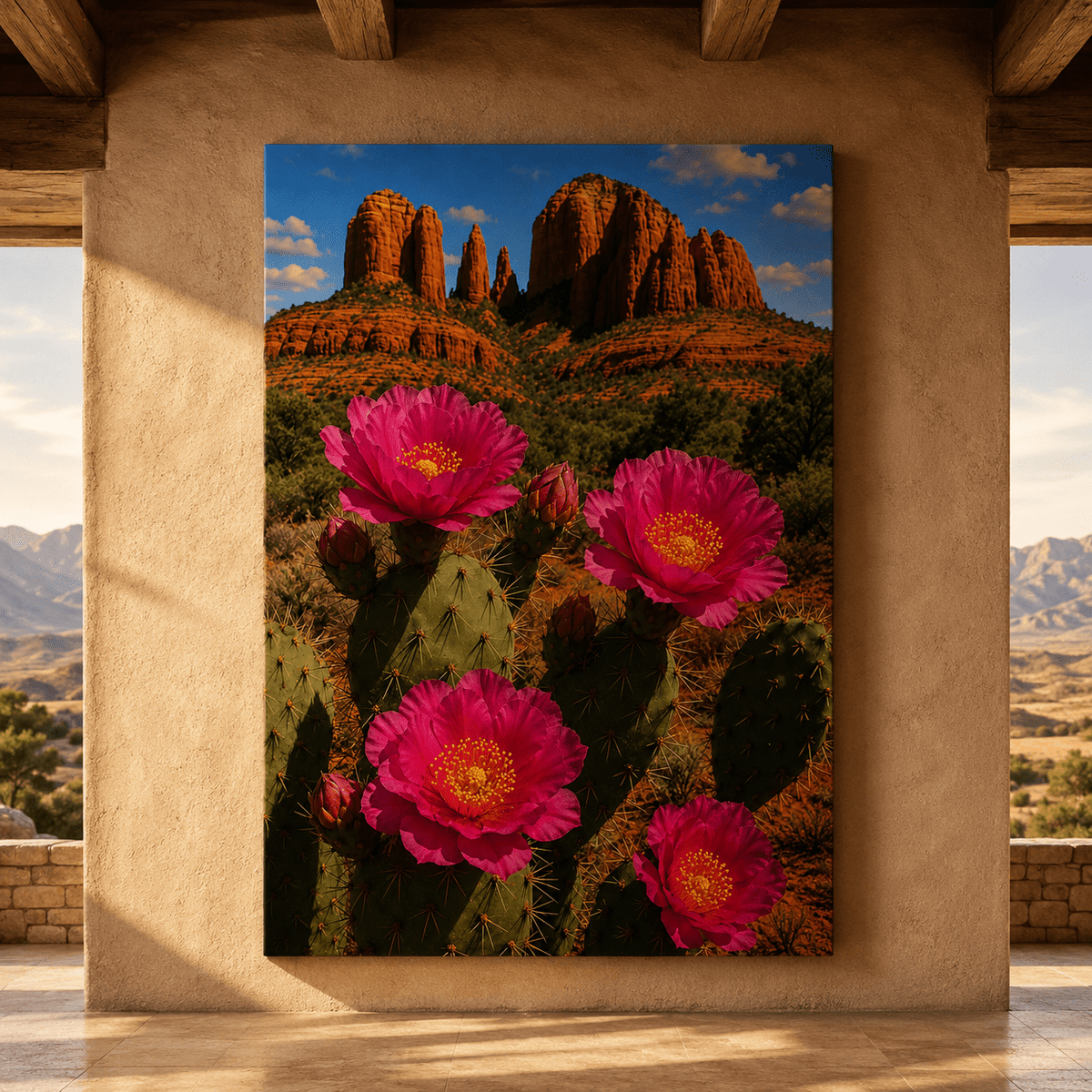 Pink Prickly Pear Cactus Flowers Wrapped Canvas Wall Art – Southwest Desert Landscape Print - ART OF ROYALS