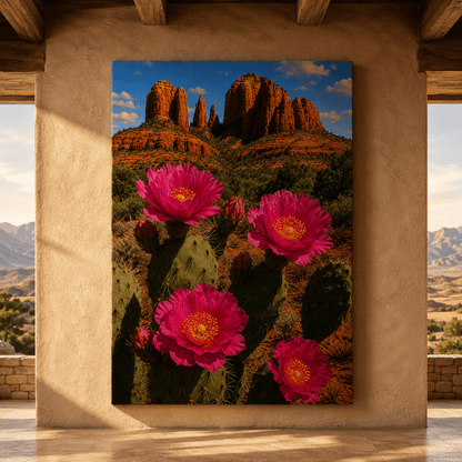 Pink Prickly Pear Cactus Flowers Wrapped Canvas Wall Art – Southwest Desert Landscape Print - ART OF ROYALS