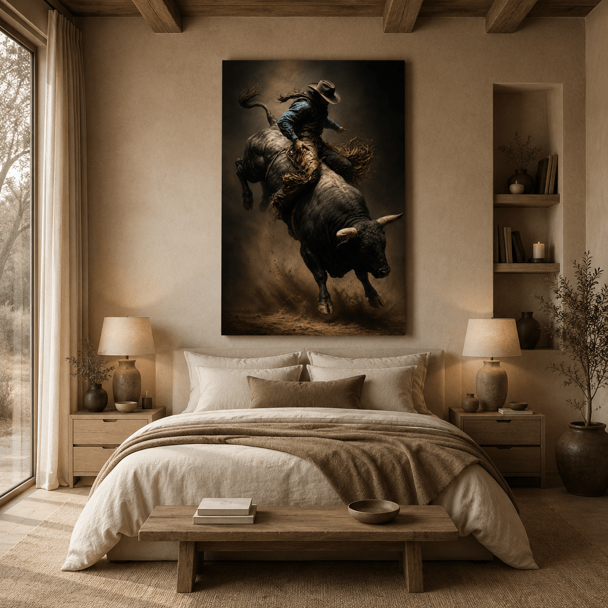 Bull Riding Cowboy Wrapped Canvas Wall Art – Bucking Bull Western Rodeo Painting - ART OF ROYALS