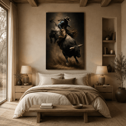 Bull Riding Cowboy Wrapped Canvas Wall Art – Bucking Bull Western Rodeo Painting - ART OF ROYALS