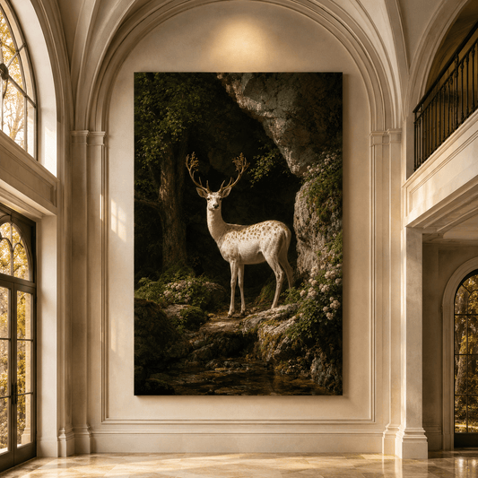 White Fallow Deer at Rose Grotto Wrapped Canvas Wall Art – Classical Fine Art Print - ART OF ROYALS