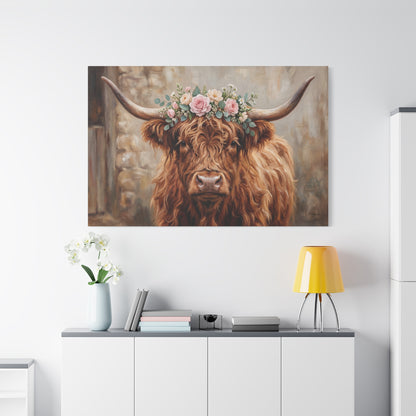 Highland Cow with Floral Crown – Rustic Farmhouse Canvas Wall Art