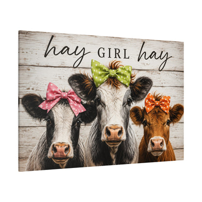 Hay Girl Hay Cow Trio Wrapped Canvas Wall Art – Whimsical Farmhouse Kitchen Print - ART OF ROYALS