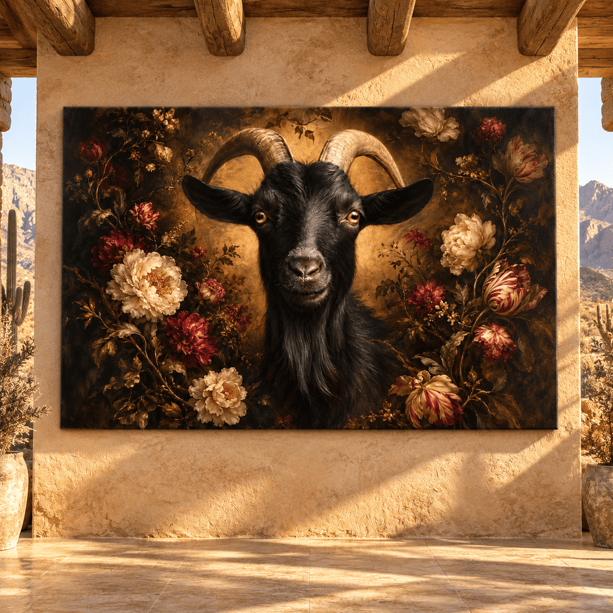 Black Goat & Moody Floral Wrapped Canvas Wall Art – Dark Farmhouse Animal Portrait - ART OF ROYALS
