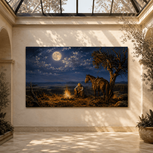 Cowboy and Horse by Campfire Under Full Moon Wrapped Canvas Wall Art – Western Night Landscape Print - ART OF ROYALS