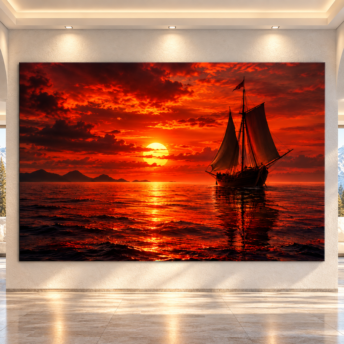 Vintage Sailing Ship at Fiery Red Sunset Wrapped Canvas Wall Art – Dramatic Ocean Seascape Print