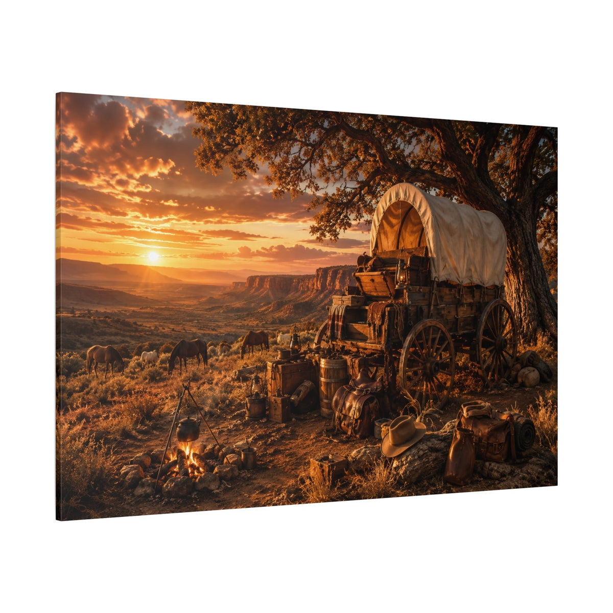 Frontier Camp at Sunset – Covered Wagon Canvas Wall Art - ART OF ROYALS