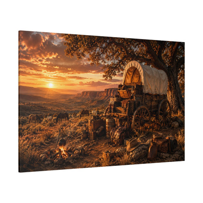 Frontier Camp at Sunset – Covered Wagon Canvas Wall Art - ART OF ROYALS