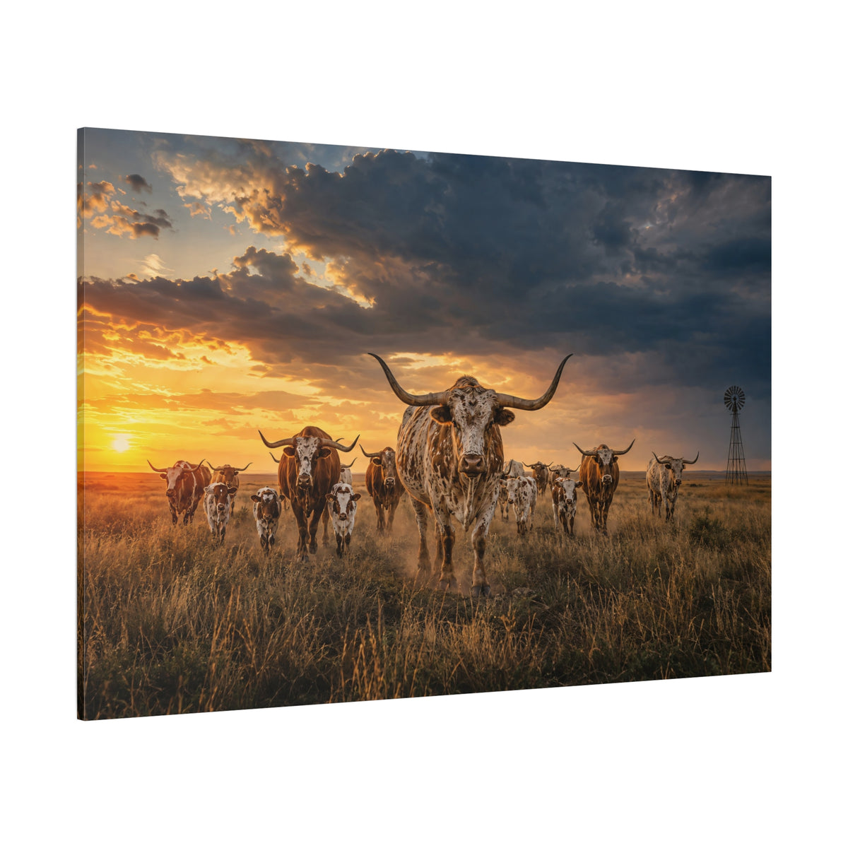 Texas Longhorn Herd at Sunset Wrapped Canvas Wall Art – Massive Horns Ranch Cattle Print - ART OF ROYALS