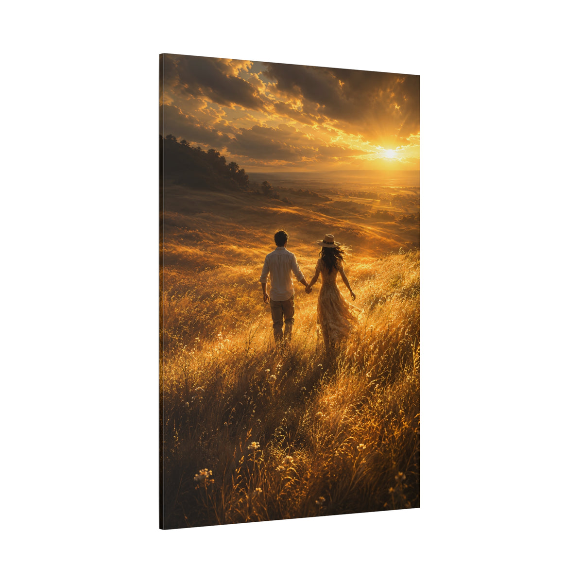 Golden Hour Meadow Walk Wrapped Canvas Wall Art – Romantic Sunset Couple Landscape Print - ART OF ROYALS