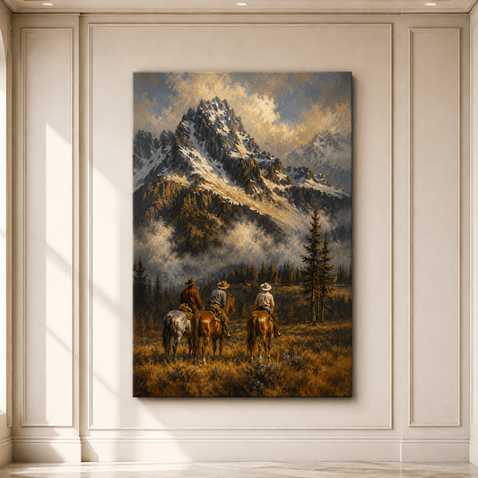 Three Cowboys Riding Toward Snow-Capped Mountains Wrapped Canvas Wall Art – Western Mountain Landscape Print - ART OF ROYALS