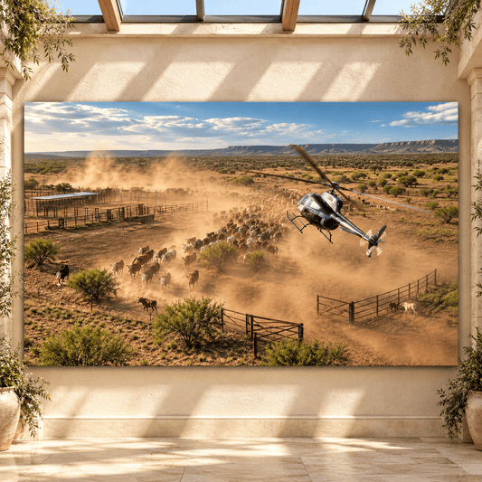 Helicopter Cattle Mustering at Dusty Ranch Wrapped Canvas Wall Art – Aerial Herding Western Landscape Print - ART OF ROYALS