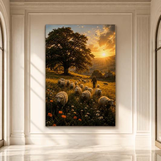 Shepherd with Sheep in Wildflower Meadow at Sunset Wrapped Canvas Wall Art – Rustic Farm Countryside Print - ART OF ROYALS