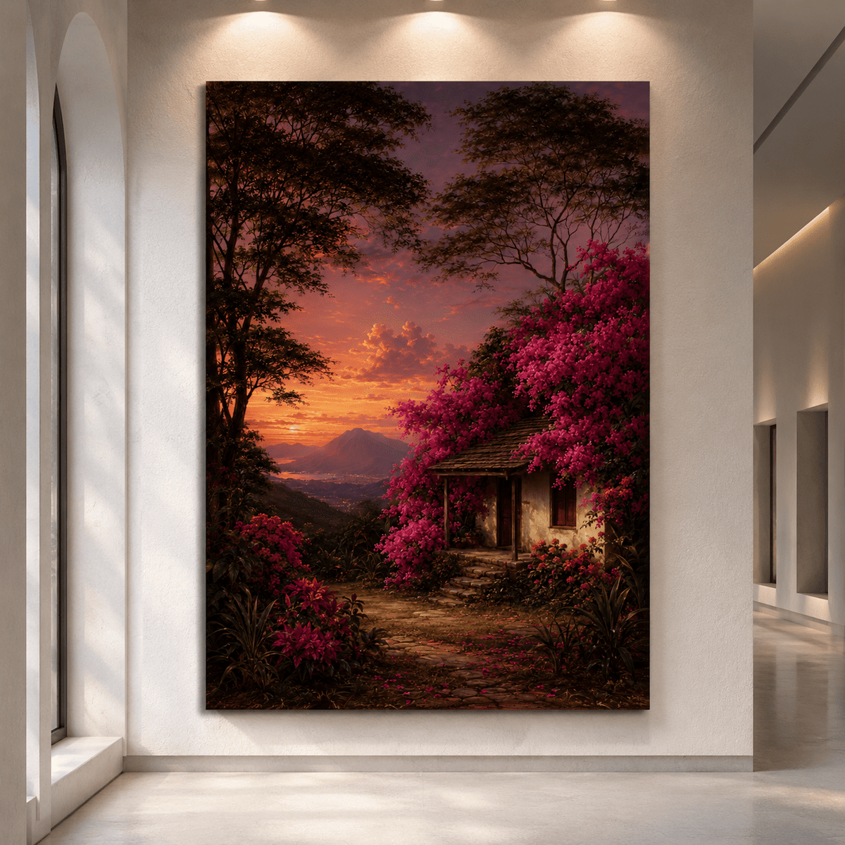Flower-Covered Cottage at Sunset Wrapped Canvas Wall Art – Romantic Mountain Garden Landscape Print - ART OF ROYALS