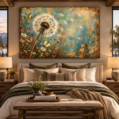 Dandelion & Butterfly Wrapped Canvas Wall Art – Vintage Turquoise Wildflower Painting