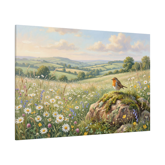 Robin in Blooming Meadow – Peaceful Countryside Canvas Wall Art
