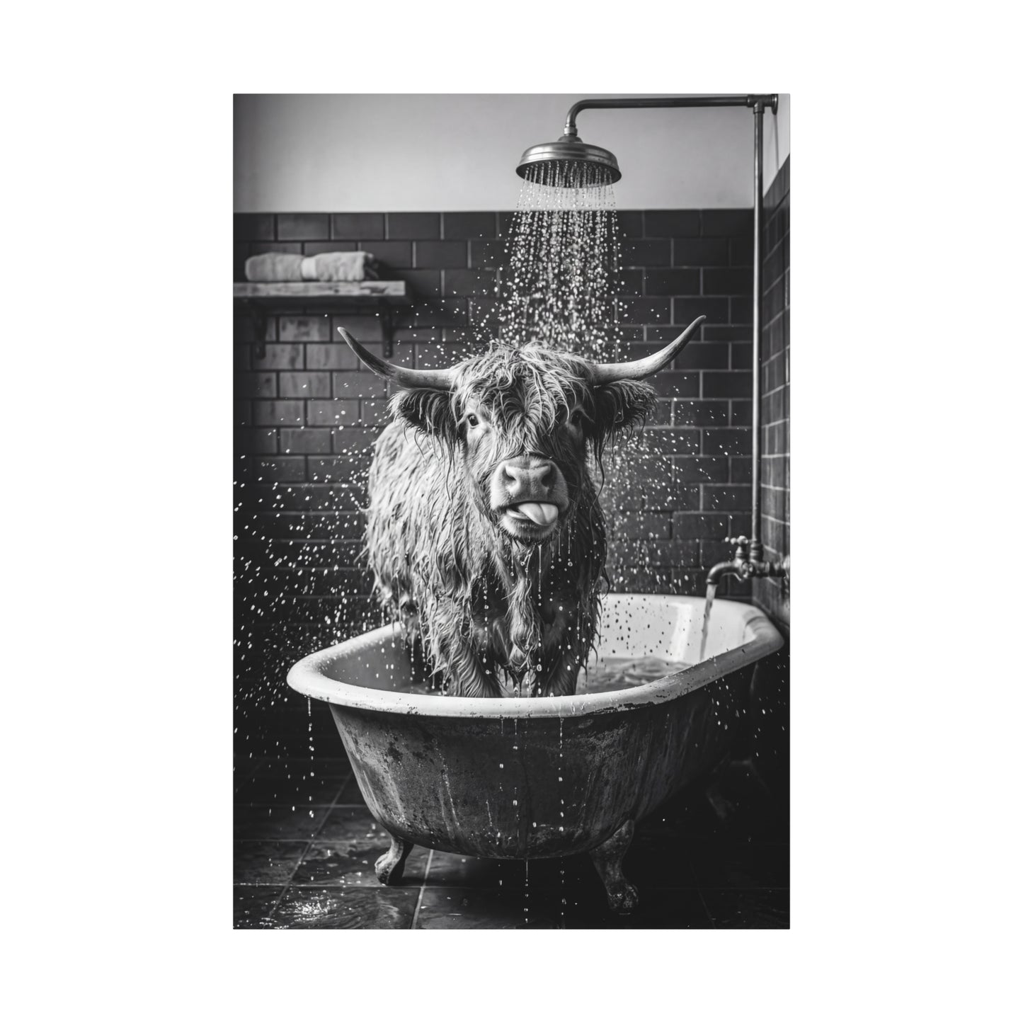 Highland Cow Shower Time – Funny Black & White Bathroom Canvas Wall Art