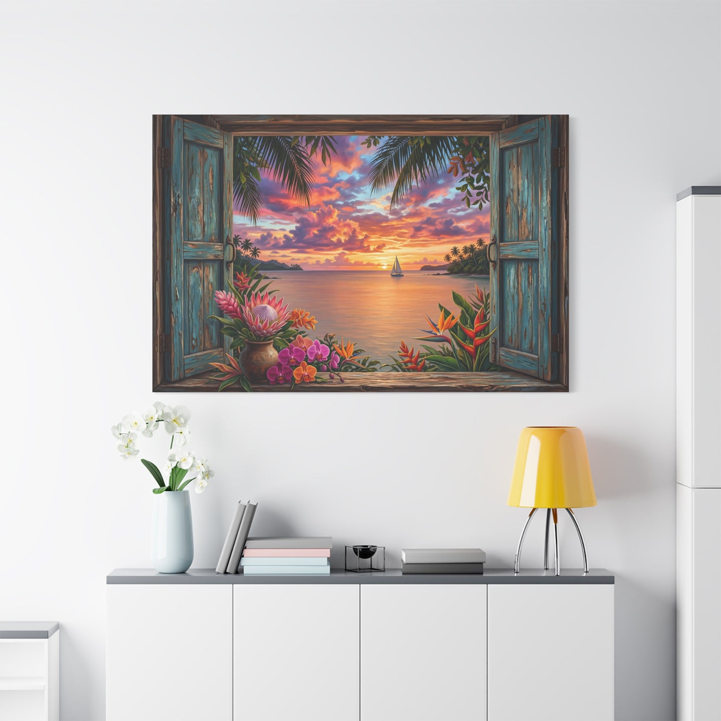 Tropical Sunset Through Rustic Window – Ocean Paradise Canvas Wall Art