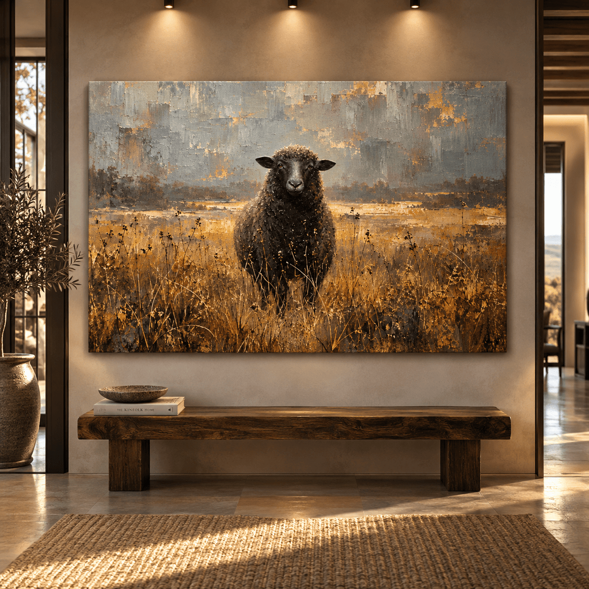 Black Sheep in Golden Meadow Wrapped Canvas Wall Art – Modern Rustic Farmhouse Painting - ART OF ROYALS