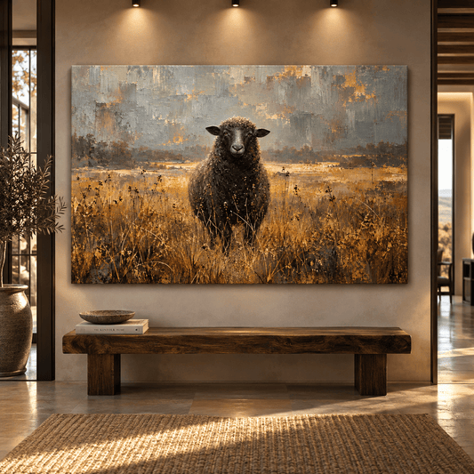 Black Sheep in Golden Meadow Wrapped Canvas Wall Art – Modern Rustic Farmhouse Painting - ART OF ROYALS