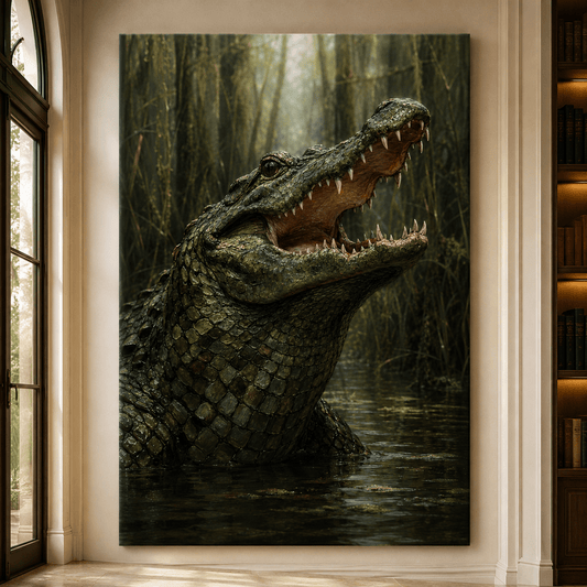 Alligator in Swamp Wrapped Canvas Wall Art – Open Mouth Crocodilian Wildlife Print - ART OF ROYALS