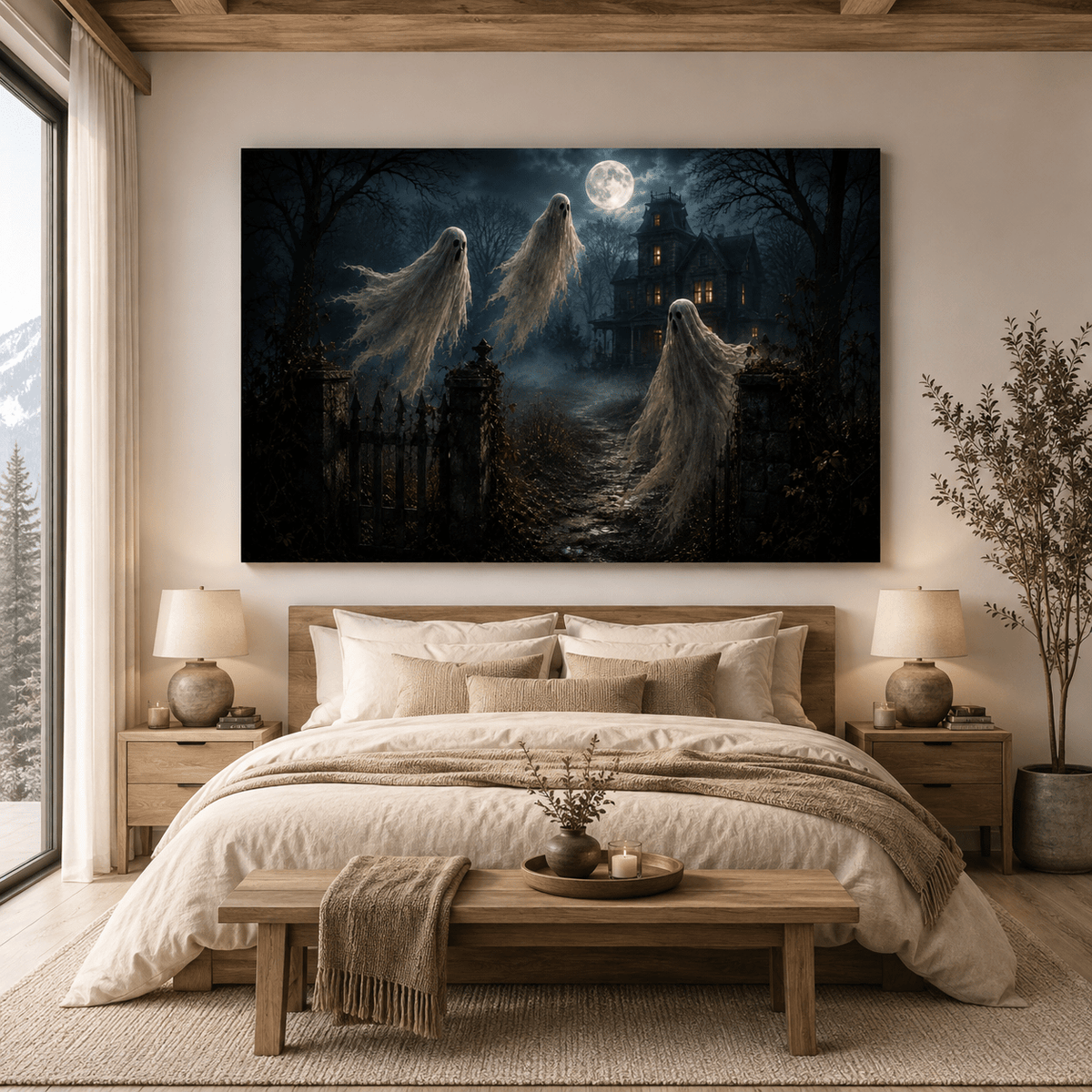 Three Ghosts at Haunted Mansion Wrapped Canvas Wall Art – Moonlit Halloween Gothic House Print - ART OF ROYALS