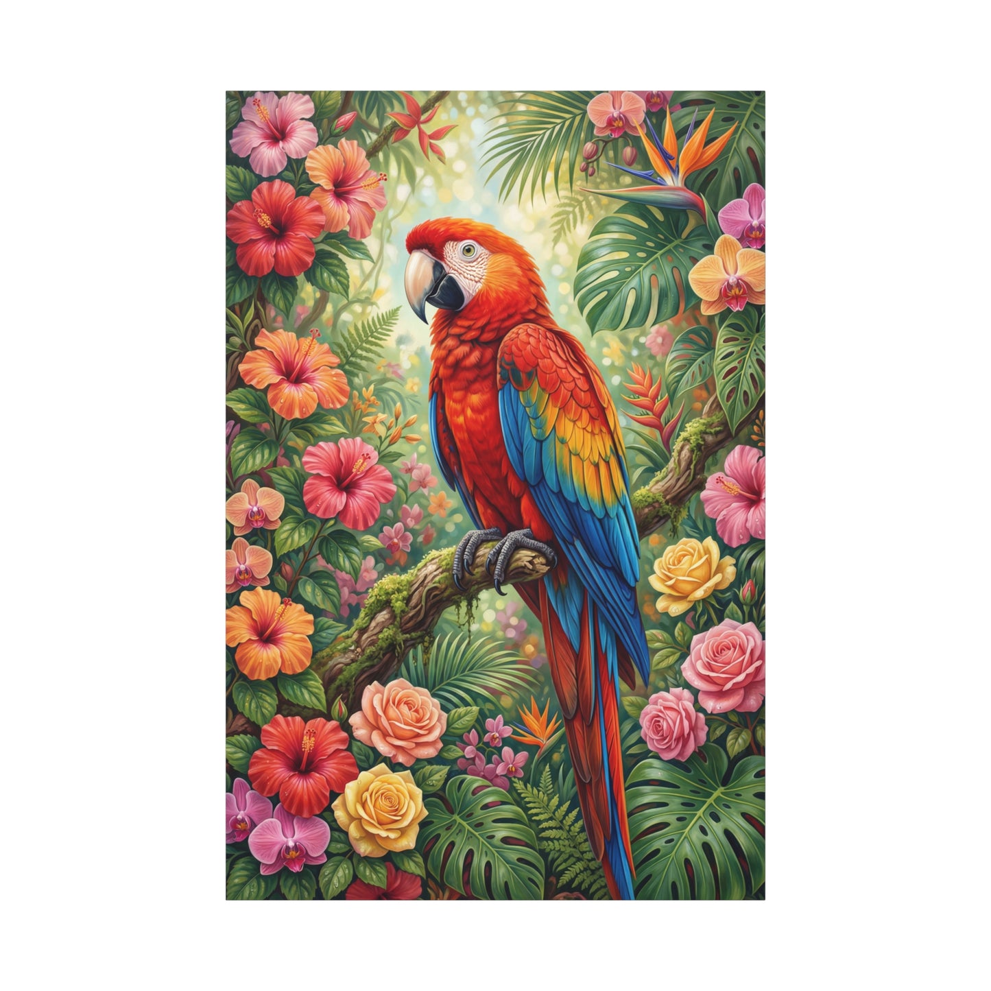 Tropical Scarlet Macaw Paradise – Vibrant Floral Jungle Canvas Wall Art