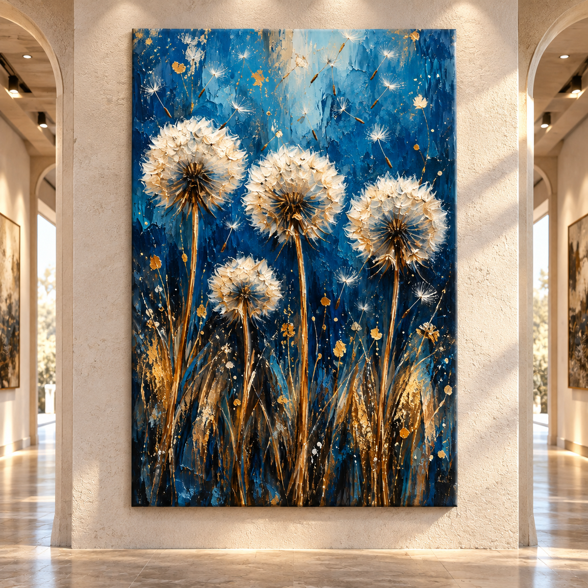 Blue & Gold Dandelion Wrapped Canvas Wall Art – Abstract Botanical Wildflower Painting