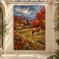 Brown and White Cow Wrapped Canvas Wall Art – Autumn Farm Landscape Painting