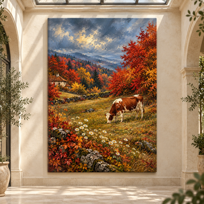Brown and White Cow Wrapped Canvas Wall Art – Autumn Farm Landscape Painting
