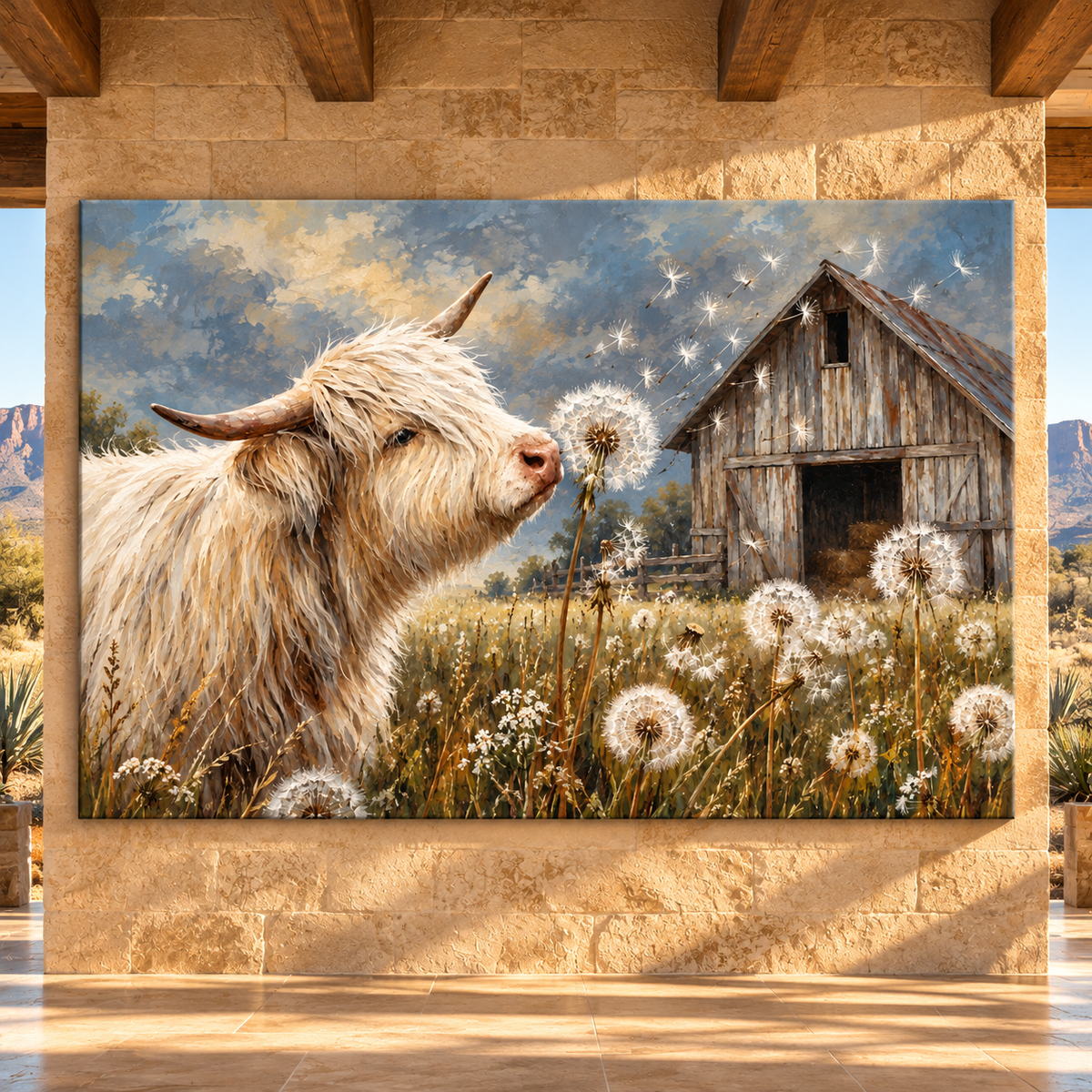 Highland Cow & Dandelion Wrapped Canvas Wall Art – Rustic Farmhouse Cattle Meadow Painting