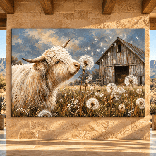 Highland Cow & Dandelion Wrapped Canvas Wall Art – Rustic Farmhouse Cattle Meadow Painting - ART OF ROYALS