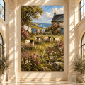Coastal Sheep Cottage Wrapped Canvas Wall Art – Wildflower Meadow & Seaside Farmhouse Painting