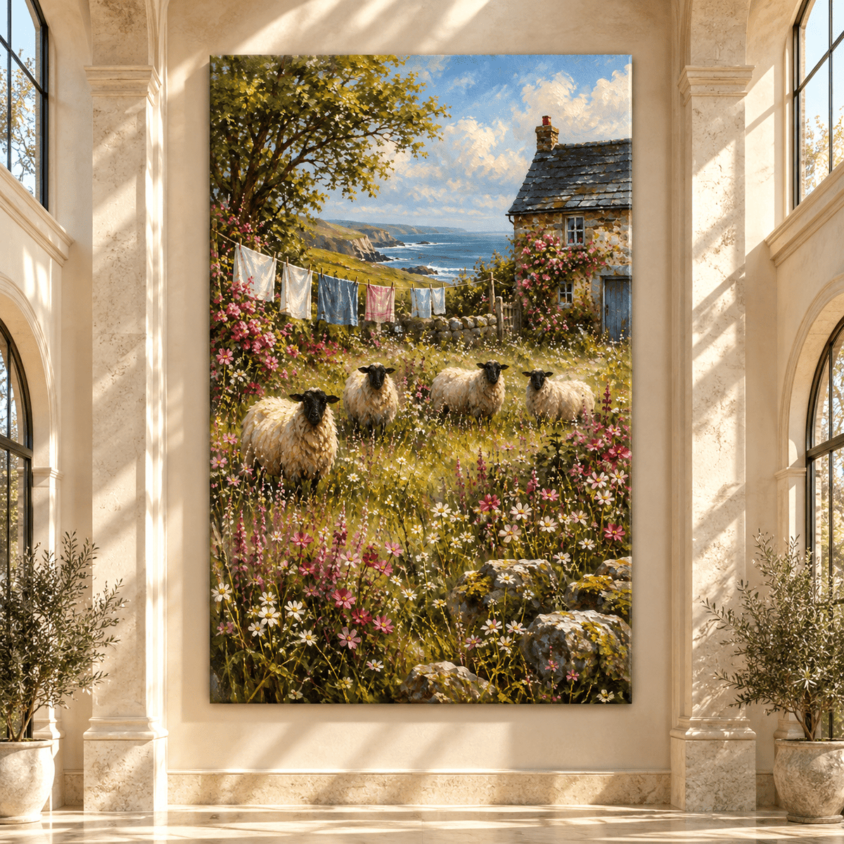 Coastal Sheep Cottage Wrapped Canvas Wall Art – Wildflower Meadow & Seaside Farmhouse Painting - ART OF ROYALS