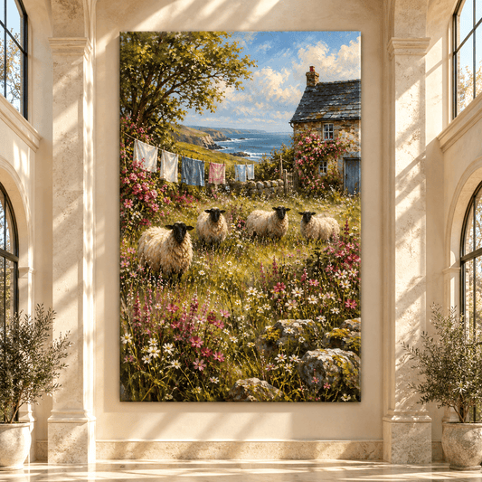 Coastal Sheep Cottage Wrapped Canvas Wall Art – Wildflower Meadow & Seaside Farmhouse Painting - ART OF ROYALS