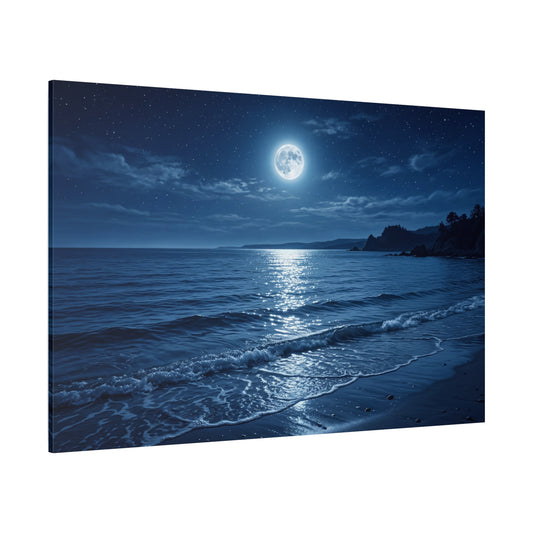 Midnight Ocean Glow – Full Moon Beach Canvas Wall Art
