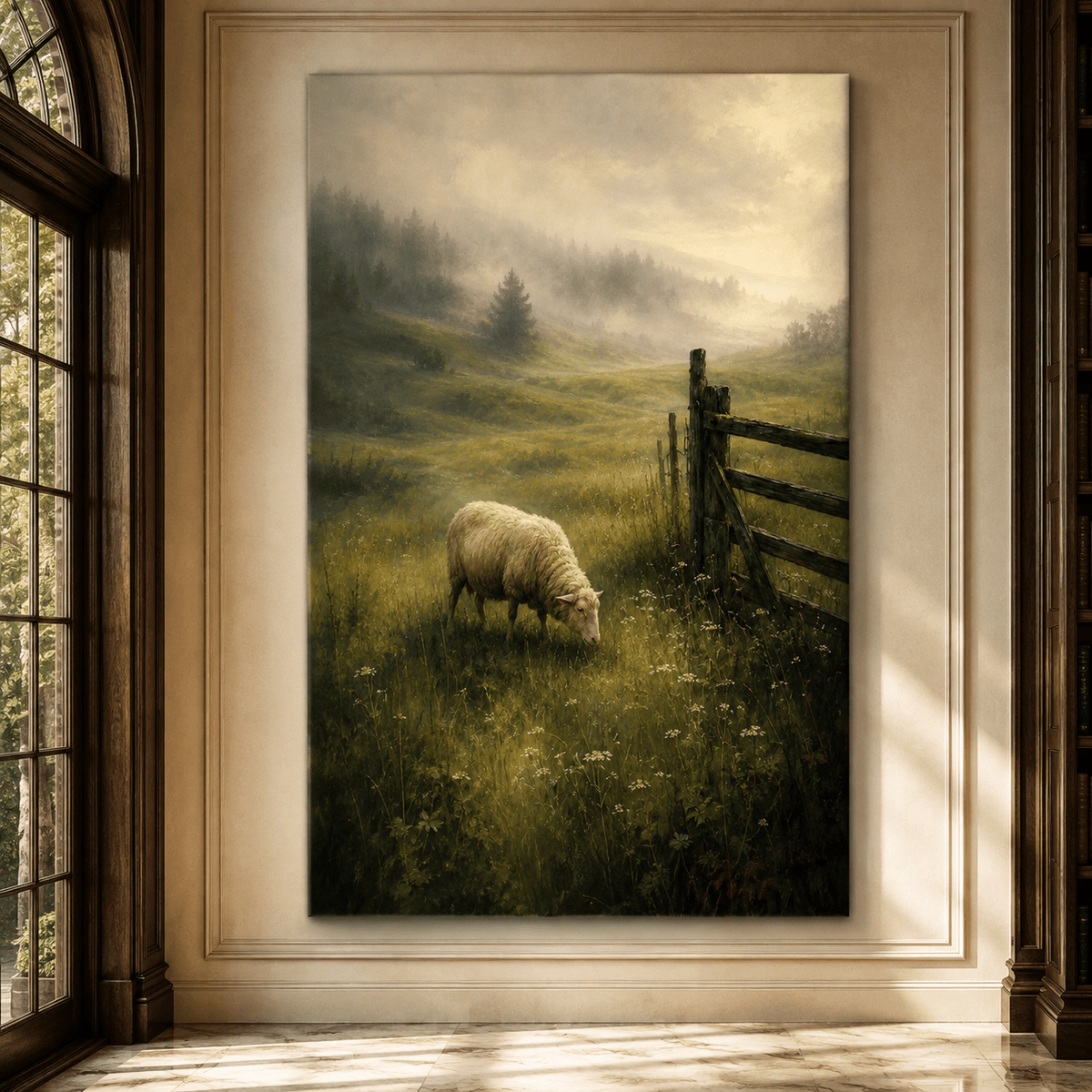 Sheep Grazing in Misty Meadow Wrapped Canvas Wall Art – Rustic Farmhouse Countryside Landscape Print - ART OF ROYALS